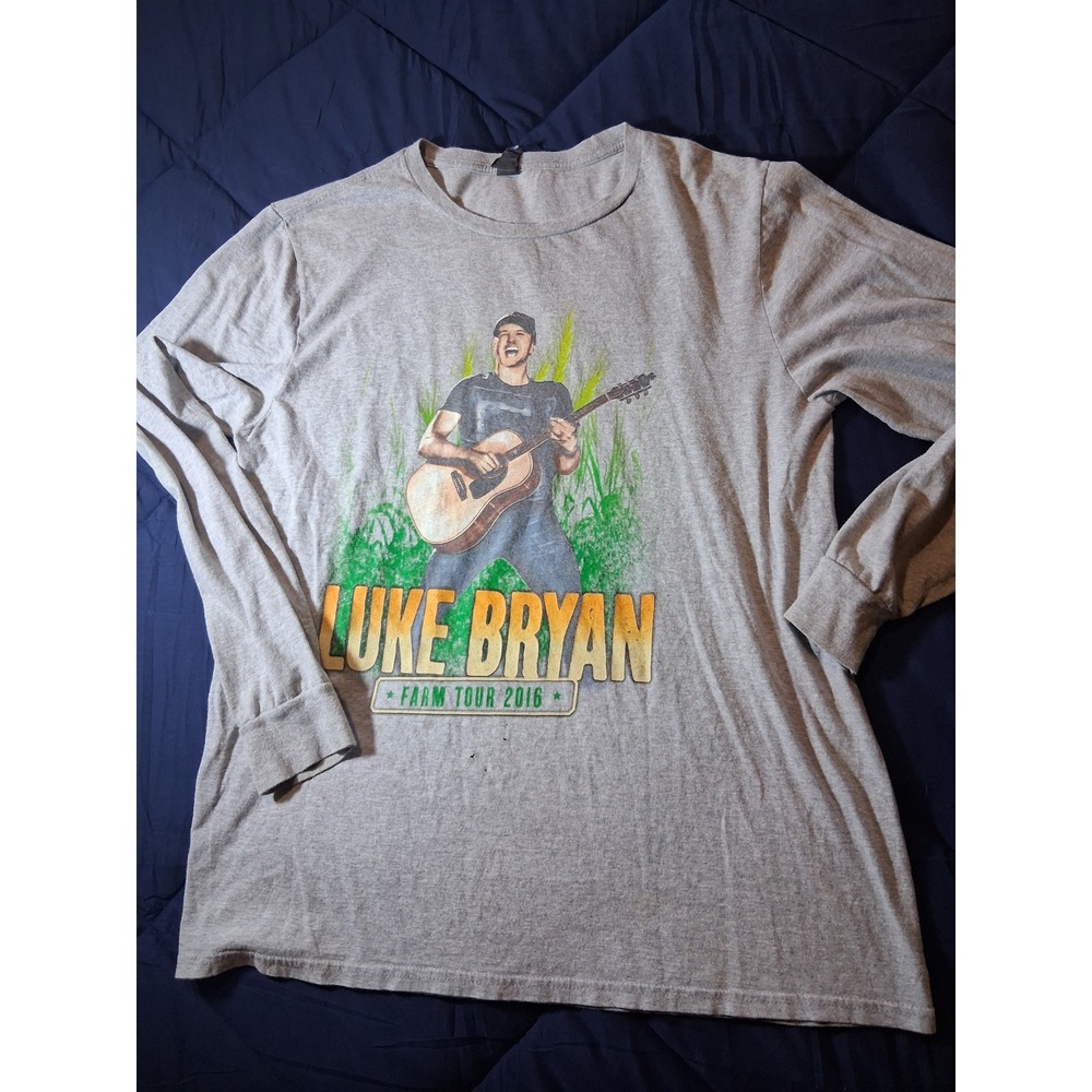 Luke Bryan Farm Tour 2016 Long Sleeve Graphic T-Shirt Mens Gray Concert Tee‎